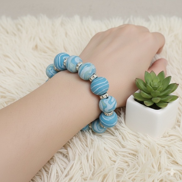 Handmade by M Jewelry - One-of-a-Kind Handmade Sky Blue Marbled Polymer Clay Bracelet